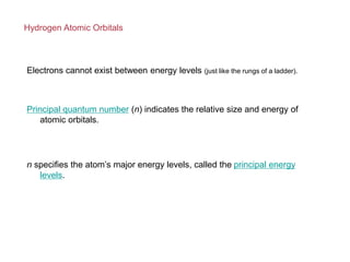 Hydrogen Atomic Orbitals
Principal quantum number (n) indicates the relative size and energy of
atomic orbitals.
n specifies the atom’s major energy levels, called the principal energy
levels.
Electrons cannot exist between energy levels (just like the rungs of a ladder).
 