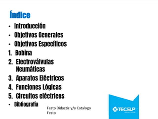 Índice
• Introducción
• Objetivos Generales
• Objetivos Específicos
1. Bobina
2. Electroválvulas
Neumáticas
3. Aparatos Eléctricos
4. Funciones Lógicas
5. Circuitos eléctricos
• Bibliografía
 