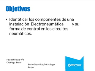 Festo Didactic y/o
Catalogo Festo
Objetivos
• Identificar los componentes de una
instalación Electroneumática y su
forma de control en los circuitos
neumáticos.
 