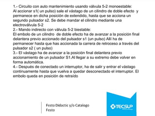 1.- Circuito con auto mantenimiento usando válvula 5-2 monoestable:
Al accionar s1( un pulso) sale el vástago de un cilindro de doble efecto y
permanece en dicha posición de extendido, hasta que se acciona un
segundo pulsador s2. Se debe mandar el cilindro mediante una
electroválvula 5-2
2.- Mando indirecto con válvula 5-2 biestable:
El embolo de un cilindro de doble efecto ha de avanzar a la posición final
delantera previo accionado del pulsador s1 (un pulso) Allí ha de
permanecer hasta que has accionada la carrera de retroceso a través del
pulsador s2 ( un pulso)
3.- El vástago ha de avanzar a la posición final delantera previo
accionamiento de un pulsador S1.Al llegar a su extremo debe volver en
forma automática.
4.- Después de conectado un interruptor, ha de salir y entrar el vástago
continuamente hasta que vuelva a quedar desconectado el interruptor. El
embolo queda en posición de retraído
 