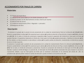 ACCIONAMIENTO POR FINALES DE CARRERA
Materiales
• 01 Cilindro de Simple Efecto
• 01 Válvula 5/2 de control doble por aire (Doble piloteado por aire)
• 02 Válvula pulsador 3/2 NC (Normalmente cerrada y retorno por resorte)
• 02 Válvula límite de carrera.
• 01 Unidad de mantenimiento (Filtro + Regulador + Lubricador)
• 09 Mangueras de 50cm.
Descripción
Al presionar el pulsador a1, la presión de aire proveniente de la unidad de mantenimiento fluirá en la dirección a1 (1-2)-a3 (1-2) y
llenará la cavidad 14 de la válvula a0. Ello ocasionará que la válvula a0 cambie la dirección el flujo del aire a través de a0 (1-4) y drenará
por a0 (2-3). Por lo tanto, el cilindro A, comenzará a expandirse (A+). Durante la expansión del cilindro A, el interruptor de límite a3
quedara liberado. Al expandirse totalmente el cilindro A, el interruptor de límite a4 quedará presionado, y habilitará la dirección a4 (1-
2). Pero debido a la falta de presión en esta válvula, la válvula a0 no podrá cambiar de dirección, manteniendo al cilindro A con presión
de aire en el lado izquierdo.
Al presionar el pulsador a2, la presión de aire proveniente de la unidad de mantenimiento fluirá en la dirección a2 (1-2)-a4 (1-2), y
llenará la cavidad 12 de la válvula a0. Ello ocasionará que la válvula a0 cambie de dirección de flujo a través de a0 (1-2) y drenará por a0
(4-5). Por lo tanto, el cilindro A comenzará a comprimirse. Durante la compresión del cilindro A, el interruptor de límite a4 quedará
liberado. Cuando el cilindro A llegue a la posición A-, el interruptor de límite a3 quedará presionado listo para empezar la secuencia
nuevamente. Debido a que los interruptores de límite solo se mantienen presionados en los extremos del cilindro A- y A+, los
pulsadores a1 y a2 solo podrán realizar el cambio de dirección cuando el cilindro se encuentre en A- o A+.
 