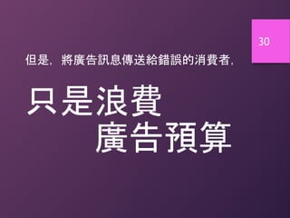 30
但是，將廣告訊息傳送給錯誤的消費者，
只是浪費
廣告預算
 