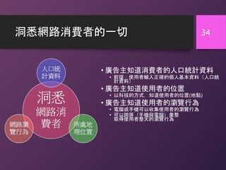洞悉網路消費者的一切 34
• 廣告主知道消費者的人口統計資料
• 前提：使用者輸入正確的個人基本資料（人口統
計資料）
• 廣告主知道使用者的位置
• 以科技的方式，知道使用者的位置(地點)
• 廣告主知道使用者的瀏覽行為
• 電腦或手機可以收集使用者的瀏覽行為
• 可以跨屏（手機與電腦）彙整
取得使用者整天的瀏覽行為
 