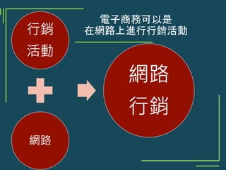 電子商務可以是
在網路上進行行銷活動
 
