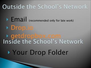 Email  (recommended only for late work) Drop.io getdropbox.com Your Drop Folder 