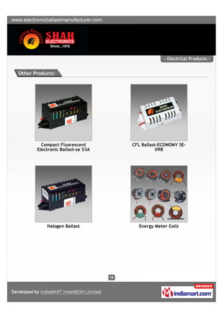 - Electrical Products -


Other Products:




         Compact Fluorescent       CFL Ballast-ECONOMY SE-
       Electronic Ballast-se 53A              09B




           Halogen Ballast           Energy Meter Coils
 