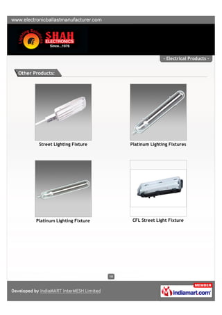 - Electrical Products -


Other Products:




        Street Lighting Fixture         Platinum Lighting Fixtures




       Platinum Lighting Fixture         CFL Street Light Fixture




                                   18
 