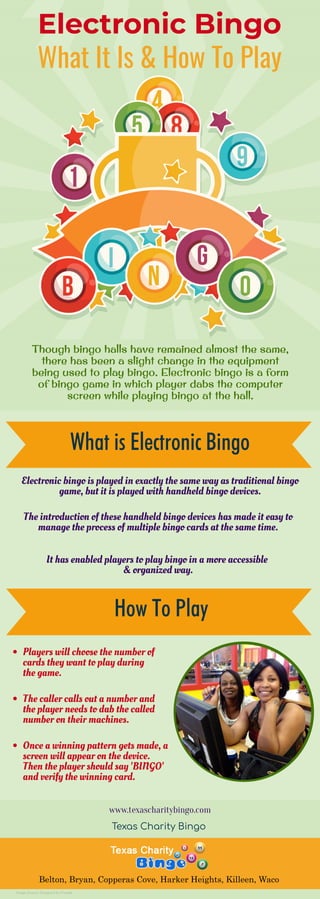 Electronic Bingo
What It Is & How To Play
Though bingo halls have remained almost the same,
there has been a slight change in the equipment
being used to play bingo. Electronic bingo is a form
of bingo game in which player dabs the computer
screen while playing bingo at the hall.
What is Electronic Bingo
The introduction of these handheld bingo devices has made it easy to
manage the process of multiple bingo cards at the same time.
Electronic bingo is played in exactly the same way as traditional bingo
game, but it is played with handheld bingo devices.
It has enabled players to play bingo in a more accessible
& organized way.
How To Play
Players will choose the number of
cards they want to play during
the game.
The caller calls out a number and
the player needs to dab the called
number on their machines.
Once a winning pattern gets made, a
screen will appear on the device. 
Then the player should say 'BINGO'
and verify the winning card.
www.texascharitybingo.com
Texas Charity Bingo
Belton, Bryan, Copperas Cove, Harker Heights, Killeen, Waco
Image Source: Designed by Freepik
 