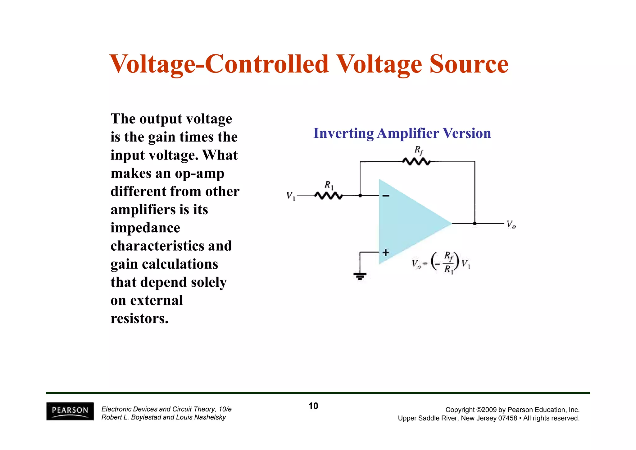 Voltage-Controlled Voltage Source 
The output voltage 
is the gain times the 
input voltage. What 
makes an op-amp 
different from other 
amplifiers is its 
impedance 
Inverting Amplifier Version 
Copyright ©2009 by Pearson Education, Inc. 
Upper Saddle River, New Jersey 07458 • All rights reserved. 
characteristics and 
gain calculations 
that depend solely 
on external 
resistors. 
Electronic Devices and Circuit Theory, 10/e 
Robert L. Boylestad and Louis Nashelsky 
10 
 