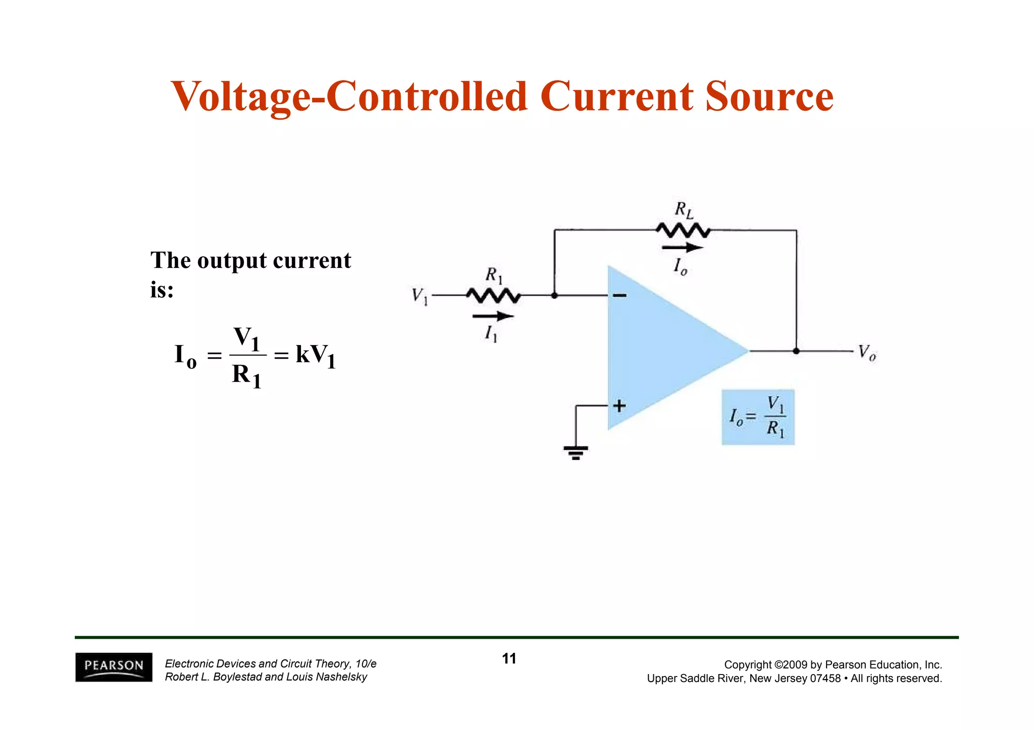 Voltage-Controlled Current Source 
The output current 
is: 
1 
V 
1 
I = = 
o kV 
R 
Copyright ©2009 by Pearson Education, Inc. 
Upper Saddle River, New Jersey 07458 • All rights reserved. 
1 
Electronic Devices and Circuit Theory, 10/e 
Robert L. Boylestad and Louis Nashelsky 
11 
 