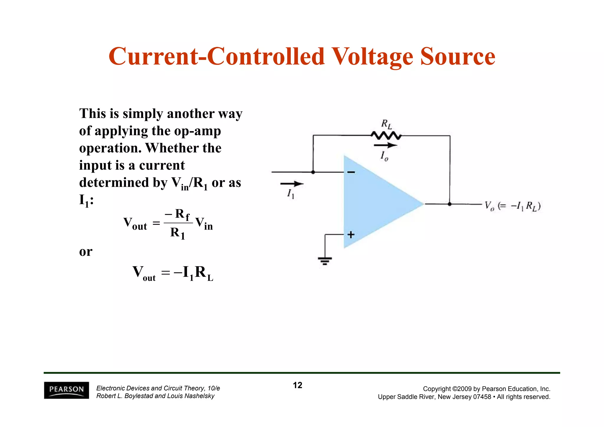 Current-Controlled Voltage Source 
This is simply another way 
of applying the op-amp 
operation. Whether the 
input is a current 
determined by Vin/R1 or as 
I1: 
− 
Rf 
= 
Copyright ©2009 by Pearson Education, Inc. 
Upper Saddle River, New Jersey 07458 • All rights reserved. 
f 
R 
out V 
Electronic Devices and Circuit Theory, 10/e 
Robert L. Boylestad and Louis Nashelsky 
or 
in 
1 
R 
V 
12 
out 1 L V = −I R 
 