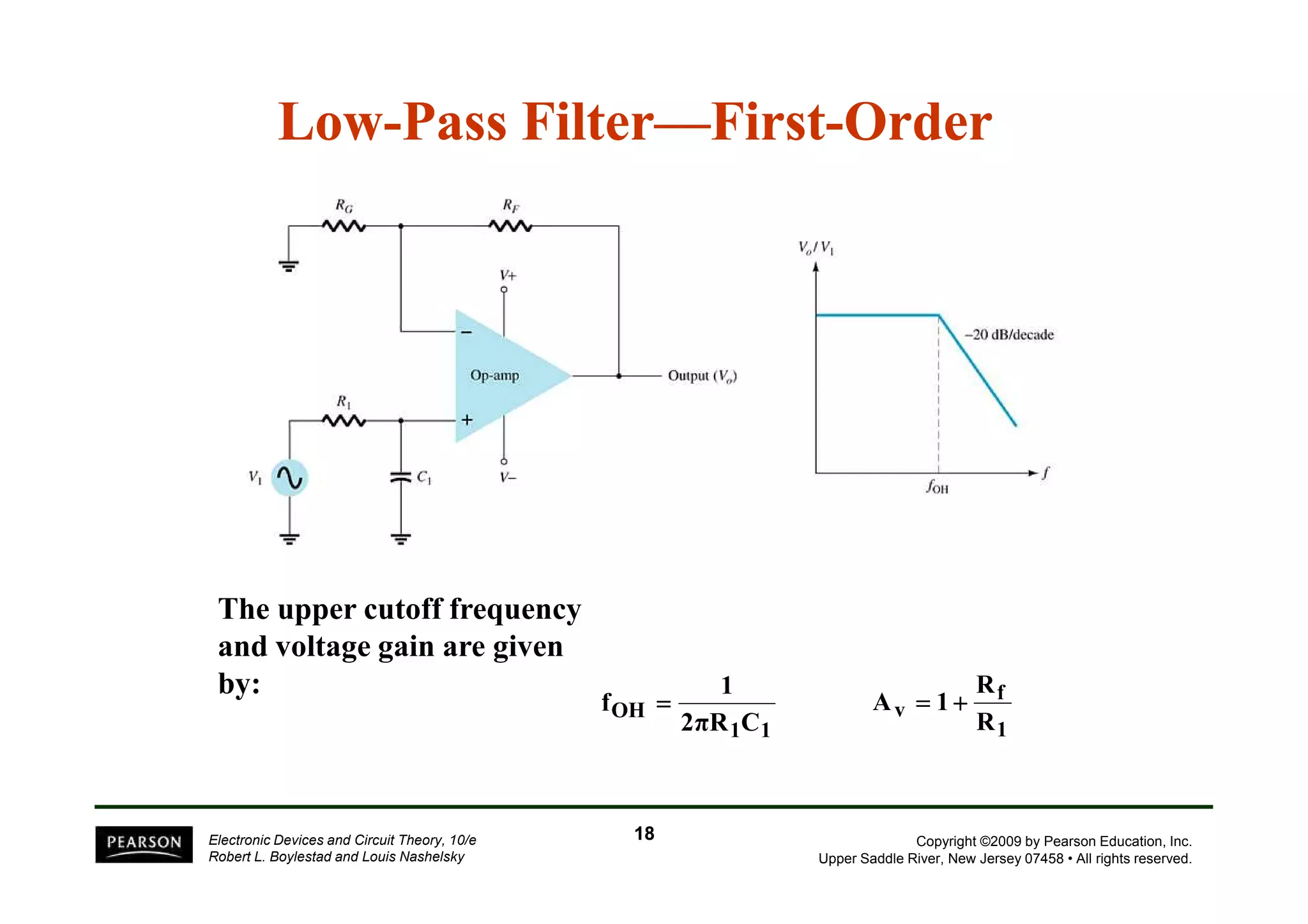 Low-Pass Filter——First-Order 
f 
R 
A = 1 + 
Copyright ©2009 by Pearson Education, Inc. 
Upper Saddle River, New Jersey 07458 • All rights reserved. 
Electronic Devices and Circuit Theory, 10/e 
Robert L. Boylestad and Louis Nashelsky 
1 
OH R C 2π 
1 1 
f = 
1 
v R 
The upper cutoff frequency 
and voltage gain are given 
by: 
18 
 
