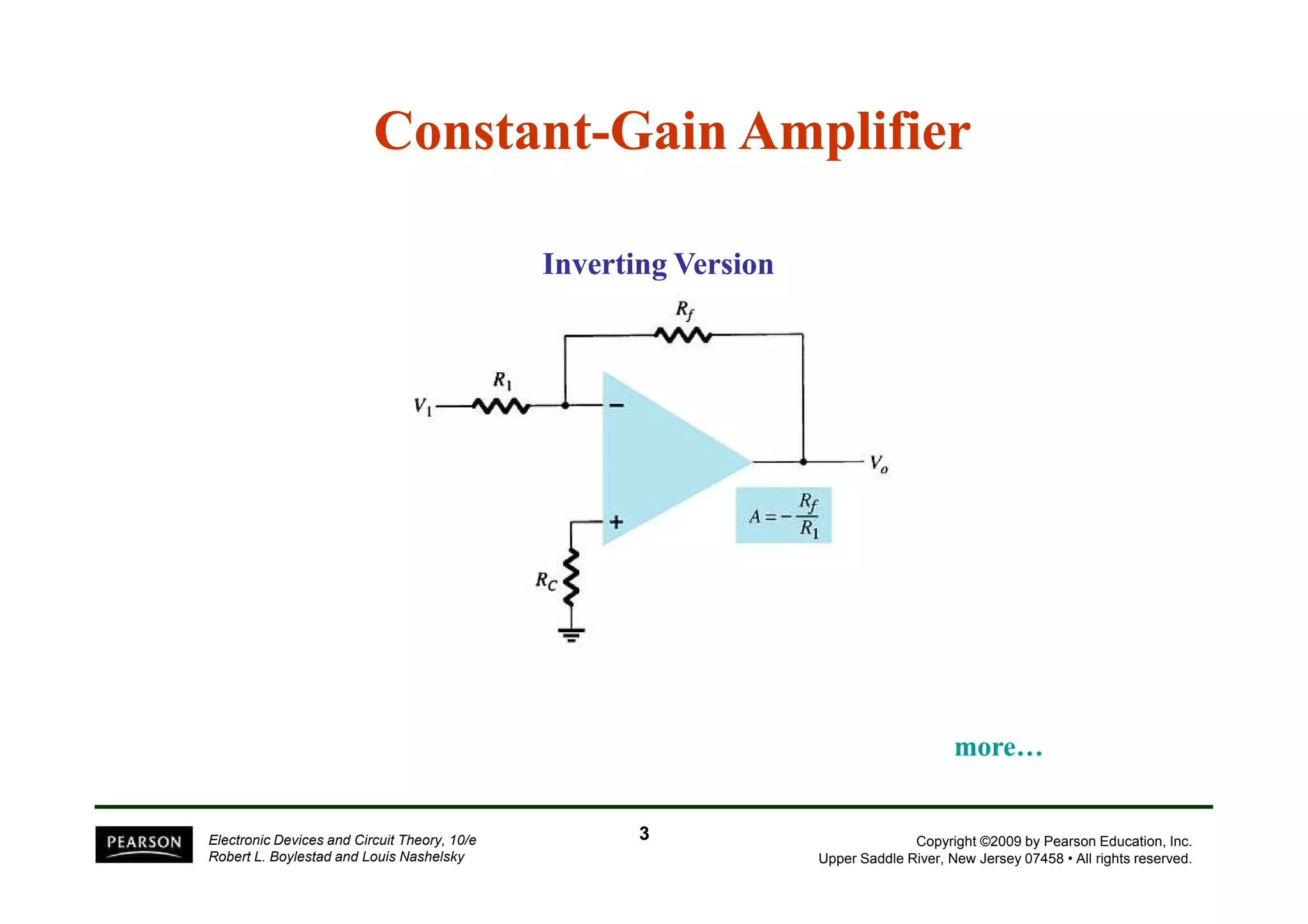Constant-Gain Amplifier 
Inverting Version 
Copyright ©2009 by Pearson Education, Inc. 
Upper Saddle River, New Jersey 07458 • All rights reserved. 
Electronic Devices and Circuit Theory, 10/e 
Robert L. Boylestad and Louis Nashelsky 
more…… 
3 
 