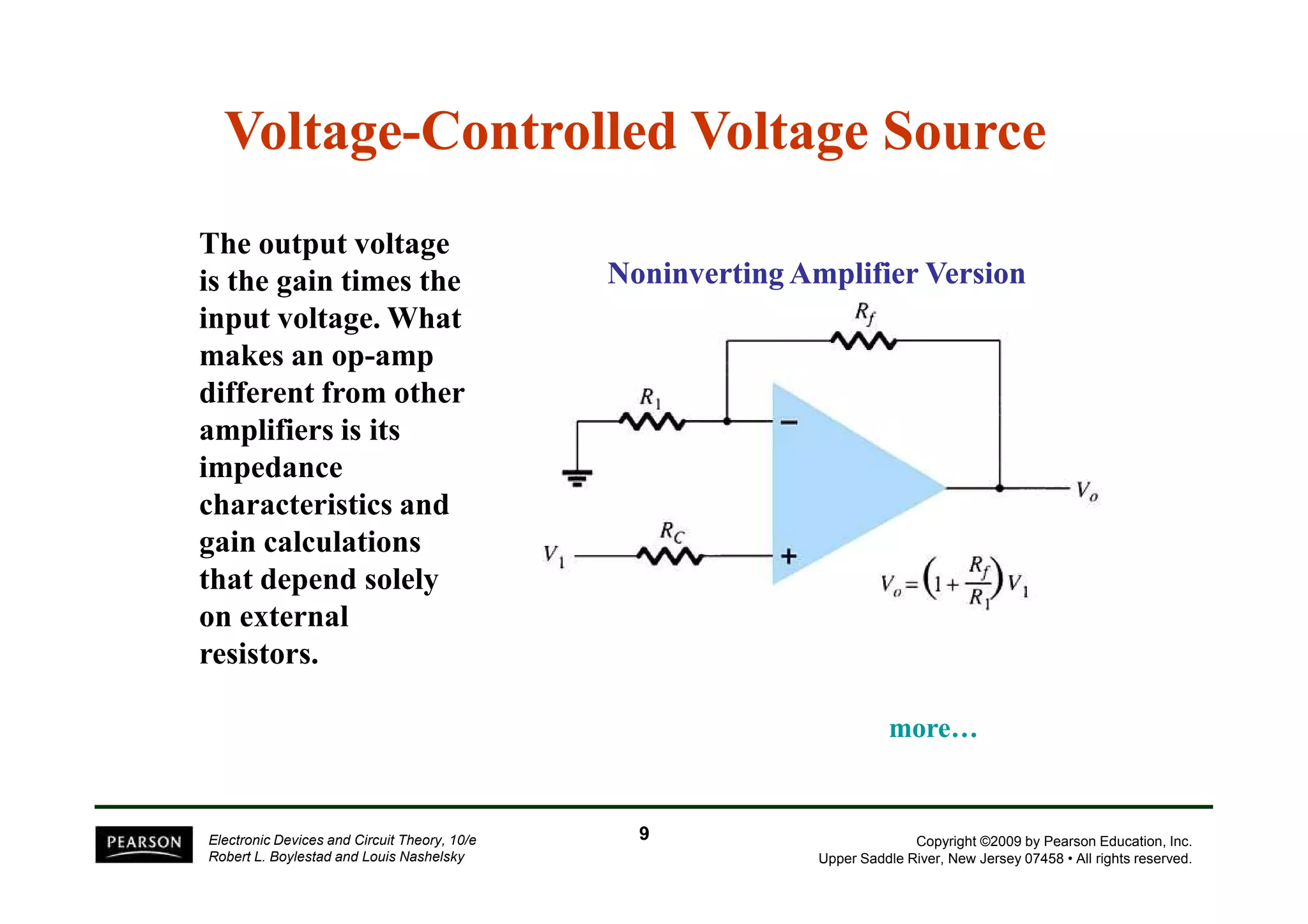 Voltage-Controlled Voltage Source 
The output voltage 
is the gain times the 
input voltage. What 
makes an op-amp 
different from other 
amplifiers is its 
impedance 
Noninverting Amplifier Version 
Copyright ©2009 by Pearson Education, Inc. 
Upper Saddle River, New Jersey 07458 • All rights reserved. 
characteristics and 
gain calculations 
that depend solely 
on external 
resistors. 
Electronic Devices and Circuit Theory, 10/e 
Robert L. Boylestad and Louis Nashelsky 
more…… 
9 
 