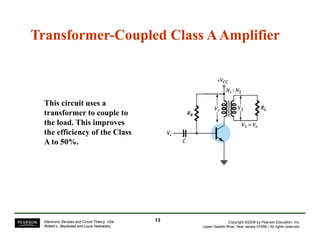 Transformer-Coupled Class A Amplifier 
This circuit uses a 
transformer to couple to 
the load. This improves 
the efficiency of the Class 
A to 50%. 
Copyright ©2009 by Pearson Education, Inc. 
Upper Saddle River, New Jersey 07458 • All rights reserved. 
Electronic Devices and Circuit Theory, 10/e 
Robert L. Boylestad and Louis Nashelsky 
13 
 