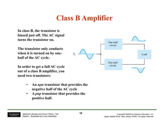 Class B Amplifier 
In class B, the transistor is 
biased just off. The AC signal 
turns the transistor on. 
The transistor only conducts 
when it is turned on by one-half 
of the AC cycle. 
In order to get a full AC cycle 
out of a class B amplifier, you 
need two transistors: 
• An npn transistor that provides the 
negative half of the AC cycle 
• A pnp transistor that provides the 
positive half. 
Copyright ©2009 by Pearson Education, Inc. 
Upper Saddle River, New Jersey 07458 • All rights reserved. 
Electronic Devices and Circuit Theory, 10/e 
Robert L. Boylestad and Louis Nashelsky 
18 
 
