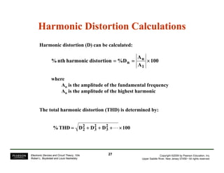 Harmonic Distortion Calculations 
Harmonic distortion (D) can be calculated: 
100 
A 
= n = × 
A 
% nth harmonic distortion %D 
n 
1 
where 
An is the amplitude of the fundamental frequency 
An is the amplitude of the highest harmonic 
The total harmonic distortion (THD) is determined by: 
100 D D D THD % 23 
23 
22 
= + + +L× 
Copyright ©2009 by Pearson Education, Inc. 
Upper Saddle River, New Jersey 07458 • All rights reserved. 
Electronic Devices and Circuit Theory, 10/e 
Robert L. Boylestad and Louis Nashelsky 
27 
 