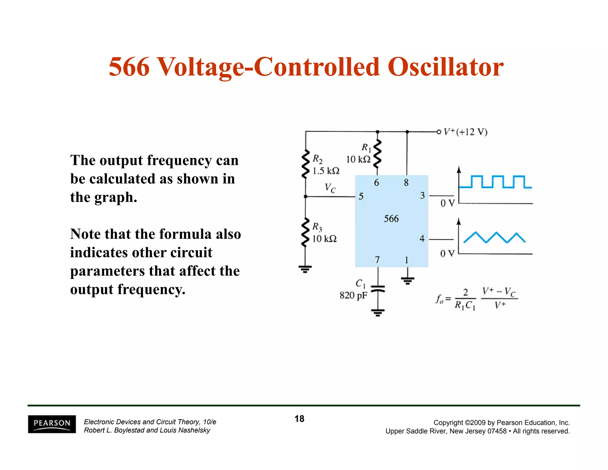 566 Voltage-Controlled Oscillator 
The output frequency can 
be calculated as shown in 
the graph. 
Note that the formula also 
indicates other circuit 
parameters that affect the 
output frequency. 
Copyright ©2009 by Pearson Education, Inc. 
Upper Saddle River, New Jersey 07458 • All rights reserved. 
Electronic Devices and Circuit Theory, 10/e 
Robert L. Boylestad and Louis Nashelsky 
18 
 