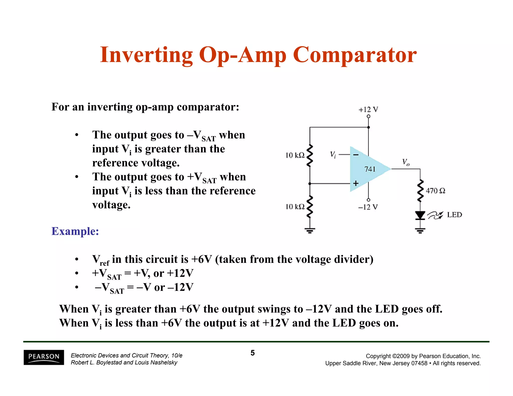 Inverting Op-Amp Comparator 
For an inverting op-amp comparator: 
• The output goes to –VSAT when 
input Vi is greater than the 
reference voltage. 
• The output goes to +VSAT when 
input Vi is less than the reference 
voltage. 
Example: 
• Vref in this circuit is +6V (taken from the voltage divider) 
•• +VSAT = +V, or +12V 
• −VSAT = −V or –12V 
When Vi is greater than +6V the output swings to –12V and the LED goes off. 
When V is less than +6V the on 
Vi output is at +12V and the LED goes on. 
Copyright ©2009 by Pearson Education, Inc. 
Upper Saddle River, New Jersey 07458 • All rights reserved. 
Electronic Devices and Circuit Theory, 10/e 
Robert L. Boylestad and Louis Nashelsky 
5 
 