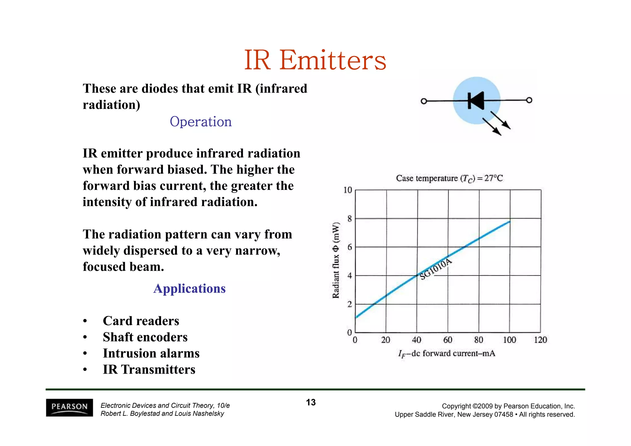 IIIIIIIIRRRRRRRR EEEEEEEEmmmmmmmmiiiiiiiitttttttttttttttteeeeeeeerrrrrrrrssssssss 
These are diodes that emit IR (infrared 
radiation) 
OOOOOOOOppppppppeeeeeeeerrrrrrrraaaaaaaattttttttiiiiiiiioooooooonnnnnnnn 
IR emitter produce infrared radiation 
when forward biased. The higher the 
forward bias current, the greater the 
intensity of infrared radiation. 
Copyright ©2009 by Pearson Education, Inc. 
Upper Saddle River, New Jersey 07458 • All rights reserved. 
The radiation pattern can vary from 
widely dispersed to a very narrow, 
focused beam. 
Applications 
• Card readers 
• Shaft encoders 
• Intrusion alarms 
• IR Transmitters 
Electronic Devices and Circuit Theory, 10/e 
Robert L. Boylestad and Louis Nashelsky 
13 
 
