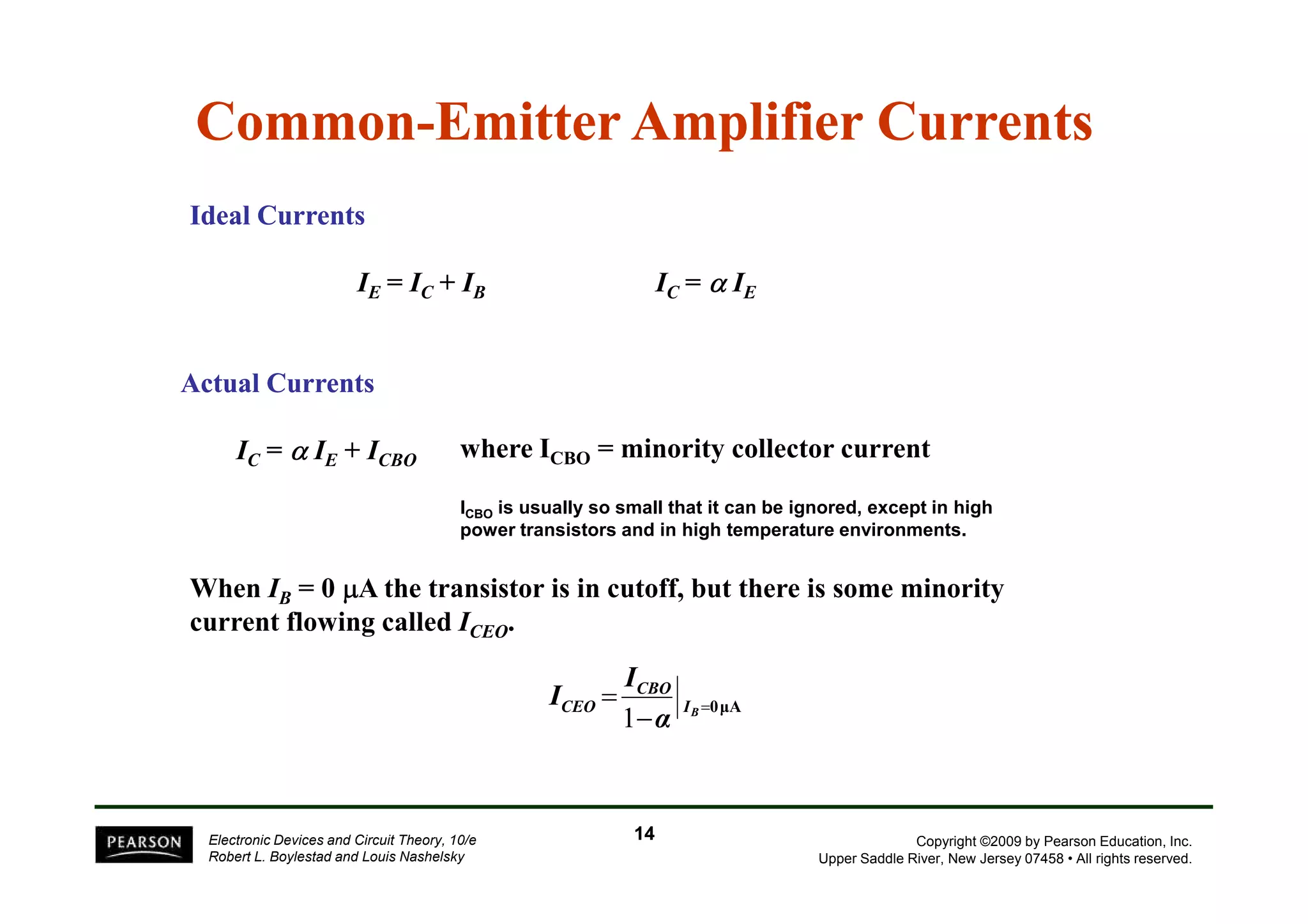 Common-Emitter Amplifier Currents 
Ideal Currents 
IE = IC + IB IC = α IE 
Actual Currents 
IC = α IE + ICBO 
where ICBO = minority collector current 
ICBO is usually so small that it can be ignored, except in high 
power transistors and in high temperature environments. 
When IB = 0 μA the transistor is in cutoff, but there is some minority 
current flowing called ICEO. 
Copyright ©2009 by Pearson Education, Inc. 
Upper Saddle River, New Jersey 07458 • All rights reserved. 
Electronic Devices and Circuit Theory, 10/e 
Robert L. Boylestad and Louis Nashelsky 
=0 μA − 
= 
IB 
CBO 
CEO 
α 
I 
I 
1 
14 
 