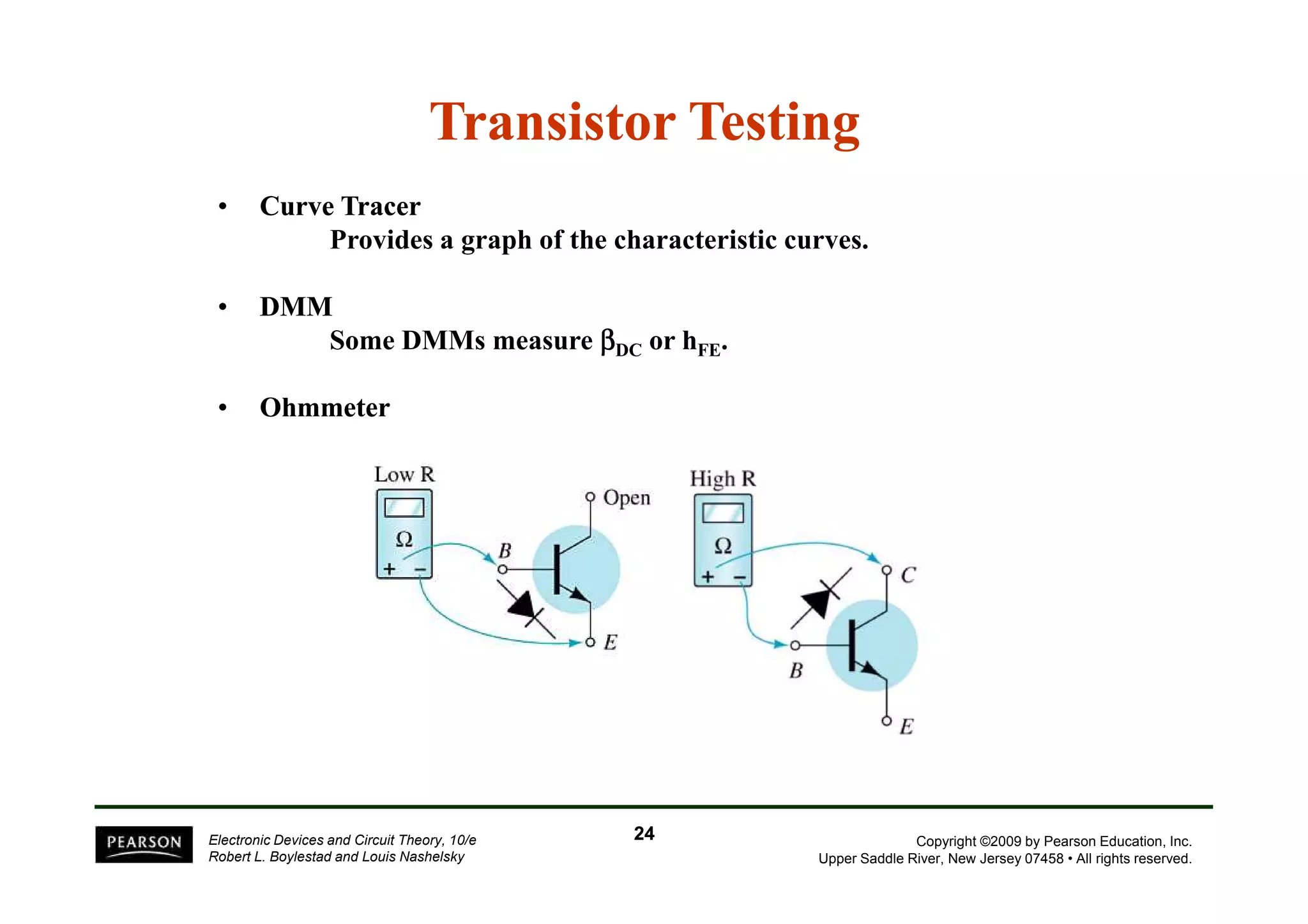Transistor Testing 
• Curve Tracer 
Provides a graph of the characteristic curves. 
• DMM 
Some DMMs measure bDC or hFE. 
• Ohmmeter 
Copyright ©2009 by Pearson Education, Inc. 
Upper Saddle River, New Jersey 07458 • All rights reserved. 
Electronic Devices and Circuit Theory, 10/e 
Robert L. Boylestad and Louis Nashelsky 
24 
 