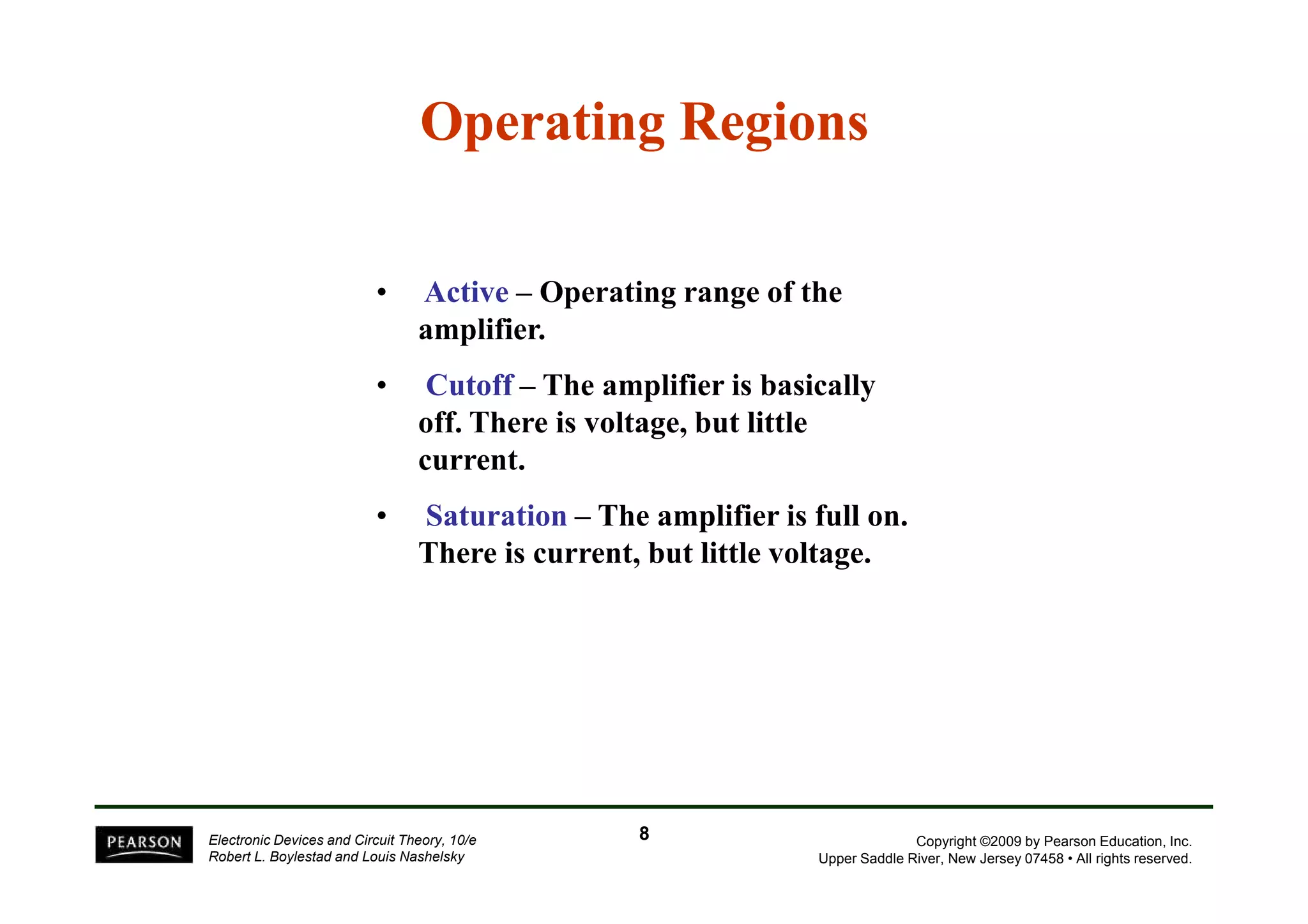 Operating Regions 
• Active – Operating range of the 
amplifier. 
• Cutoff – The amplifier is basically 
off. There is voltage, but little 
current. 
Copyright ©2009 by Pearson Education, Inc. 
• Saturation – The amplifier is full on. 
There is current, but little voltage. 
Upper Saddle River, New Jersey 07458 • All rights reserved. 
Electronic Devices and Circuit Theory, 10/e 
Robert L. Boylestad and Louis Nashelsky 
8 
 