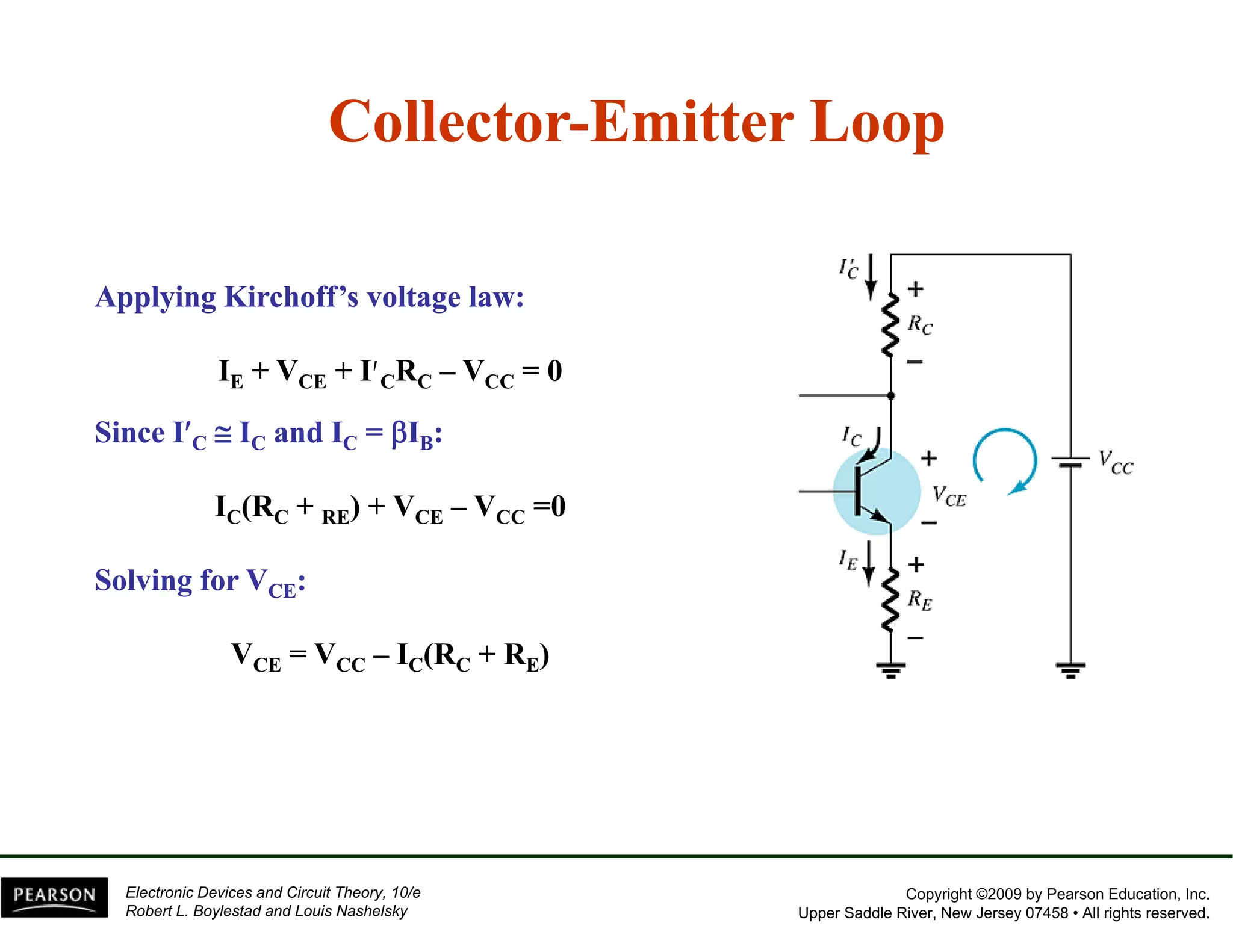 Collector-Emitter Loop 
Applying Kirchoff’’s voltage law: 
IE + VCE + I’’CRC – VCC = 0 
Since I′′C ≅ IC and IC = βIB: 
IC(RC + RE) + VCE – VCC =0 
Solving for VCE: 
VCE = VCC – IC(RC + RE) 
Copyright ©2009 by Pearson Education, Inc. 
Upper Saddle River, New Jersey 07458 • All rights reserved. 
Electronic Devices and Circuit Theory, 10/e 
Robert L. Boylestad and Louis Nashelsky 
 