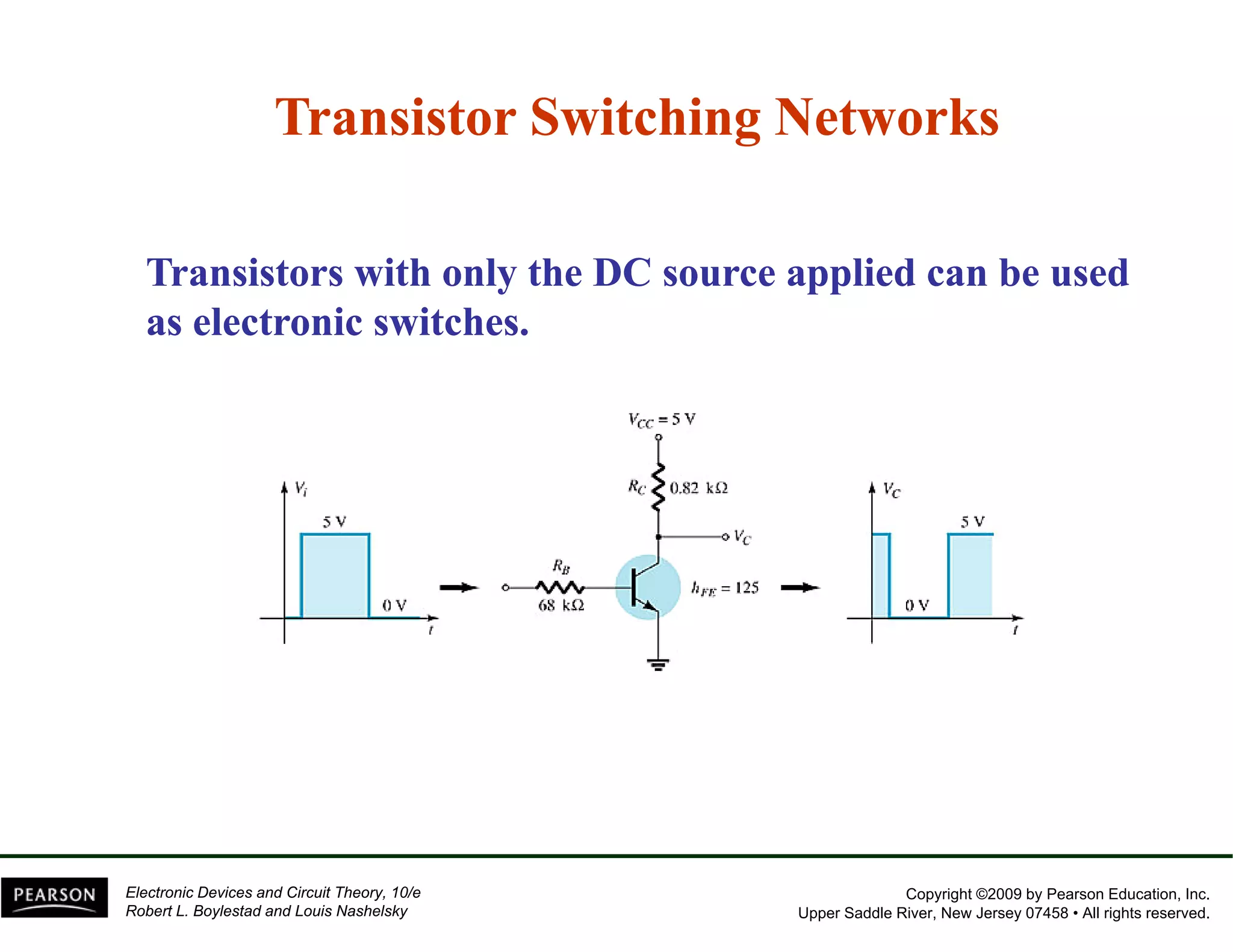 Transistor Switching Networks 
Transistors with only the DC source applied can be used 
as electronic switches. 
Copyright ©2009 by Pearson Education, Inc. 
Upper Saddle River, New Jersey 07458 • All rights reserved. 
Electronic Devices and Circuit Theory, 10/e 
Robert L. Boylestad and Louis Nashelsky 
 