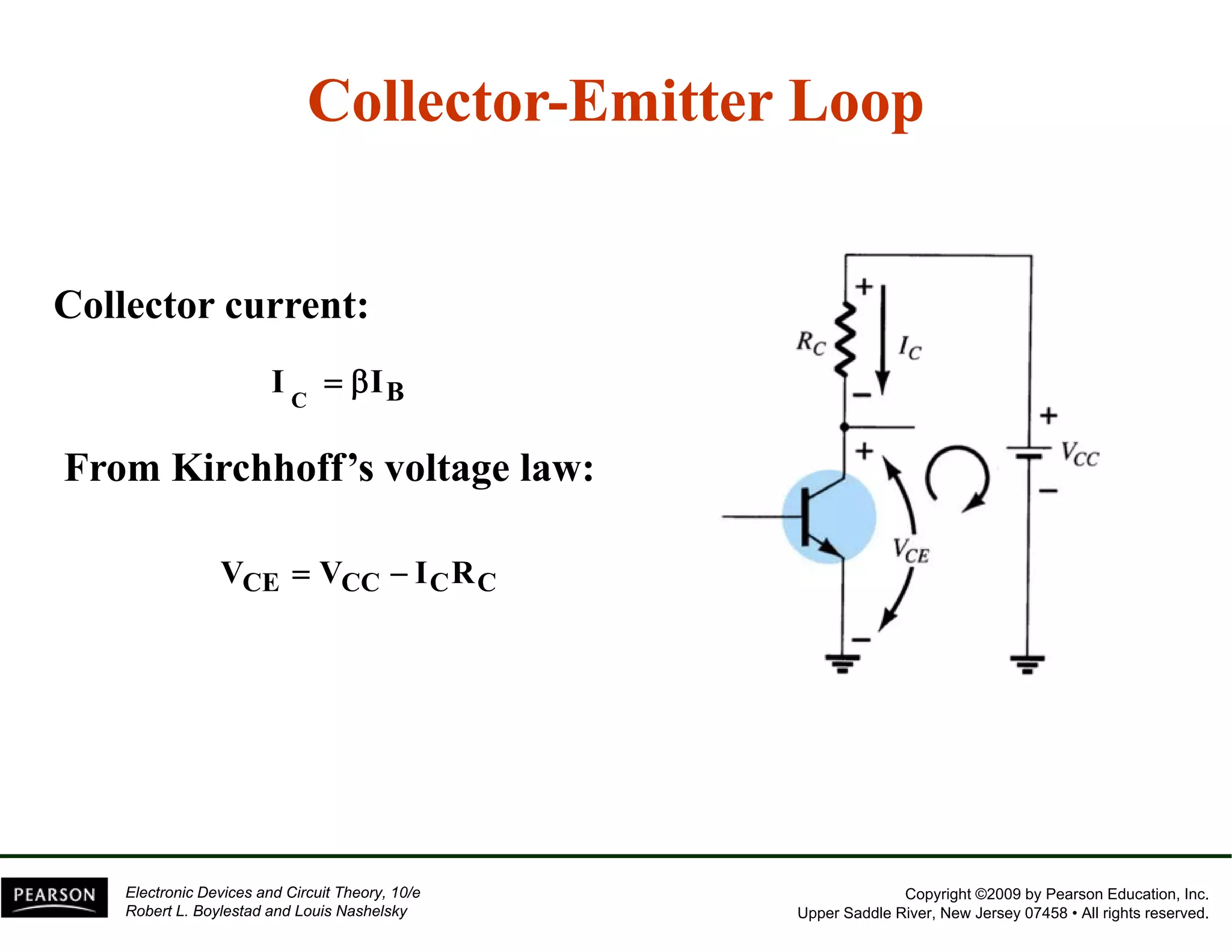 Collector-Emitter Loop 
Collector current: 
I IB C = β 
From Kirchhoff Kirchhoff’s s voltage law: 
VCE = VCC − ICRC 
Copyright ©2009 by Pearson Education, Inc. 
Upper Saddle River, New Jersey 07458 • All rights reserved. 
Electronic Devices and Circuit Theory, 10/e 
Robert L. Boylestad and Louis Nashelsky 
 