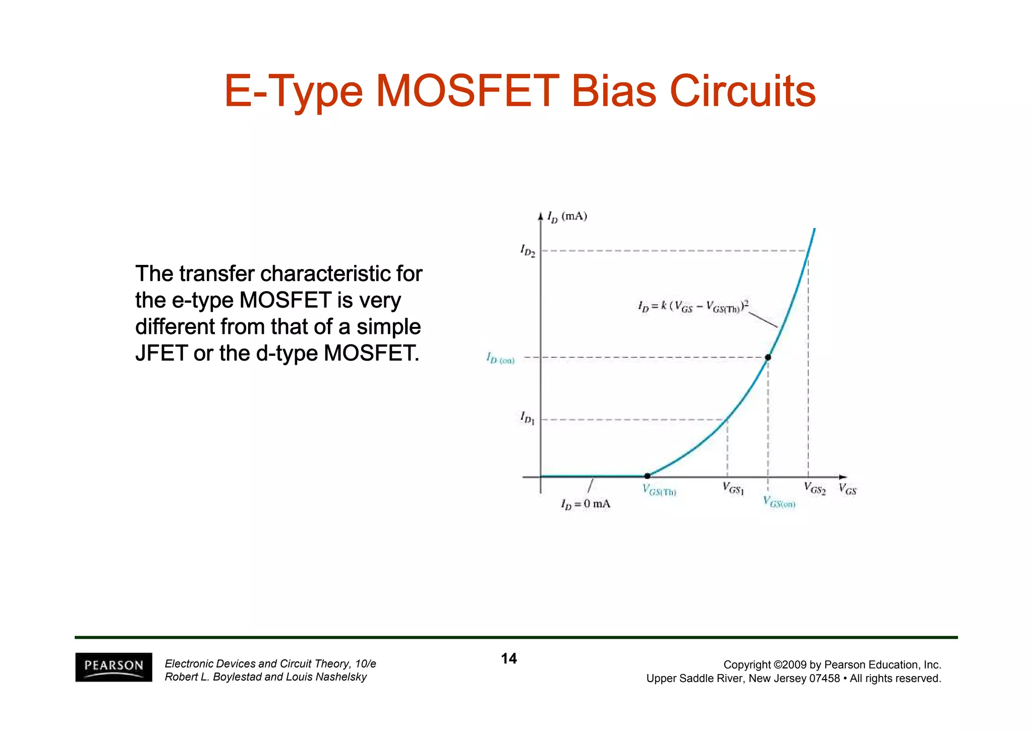 E-Type TTTTTTTyyyyyyypppppppeeeeeee MMMMMMMMOOOOOOOOSSSSSSSSFFFFFFFFEEEEEEEETTTTTTTT BBBBBBBBiiiiiiiiaaaaaaaassssssss CCCCCCCCiiiiiiiirrrrrrrrccccccccuuuuuuuuiiiiiiiittttttttssssssss 
TTTThhhheeee ttttrrrraaaannnnssssffffeeeerrrr cccchhhhaaaarrrraaaacccctttteeeerrrriiiissssttttiiiicccc ffffoooorrrr 
tttthhhheeee eeee-ttttyyyyppppeeee MMMMOOOOSSSSFFFFEEEETTTT iiiissss vvvveeeerrrryyyy 
ddddiiiiffffffffeeeerrrreeeennnntttt ffffrrrroooommmm tttthhhhaaaatttt ooooffff aaaa ssssiiiimmmmpppplllleeee 
JJJJFFFFEEEETTTT oooorrrr tttthhhheeee dddd-ttttyyyyppppeeee MMMMOOOOSSSSFFFFEEEETTTT. 
Copyright ©2009 by Pearson Education, Inc. 
Upper Saddle River, New Jersey 07458 • All rights reserved. 
Electronic Devices and Circuit Theory, 10/e 
Robert L. Boylestad and Louis Nashelsky 
14 
 