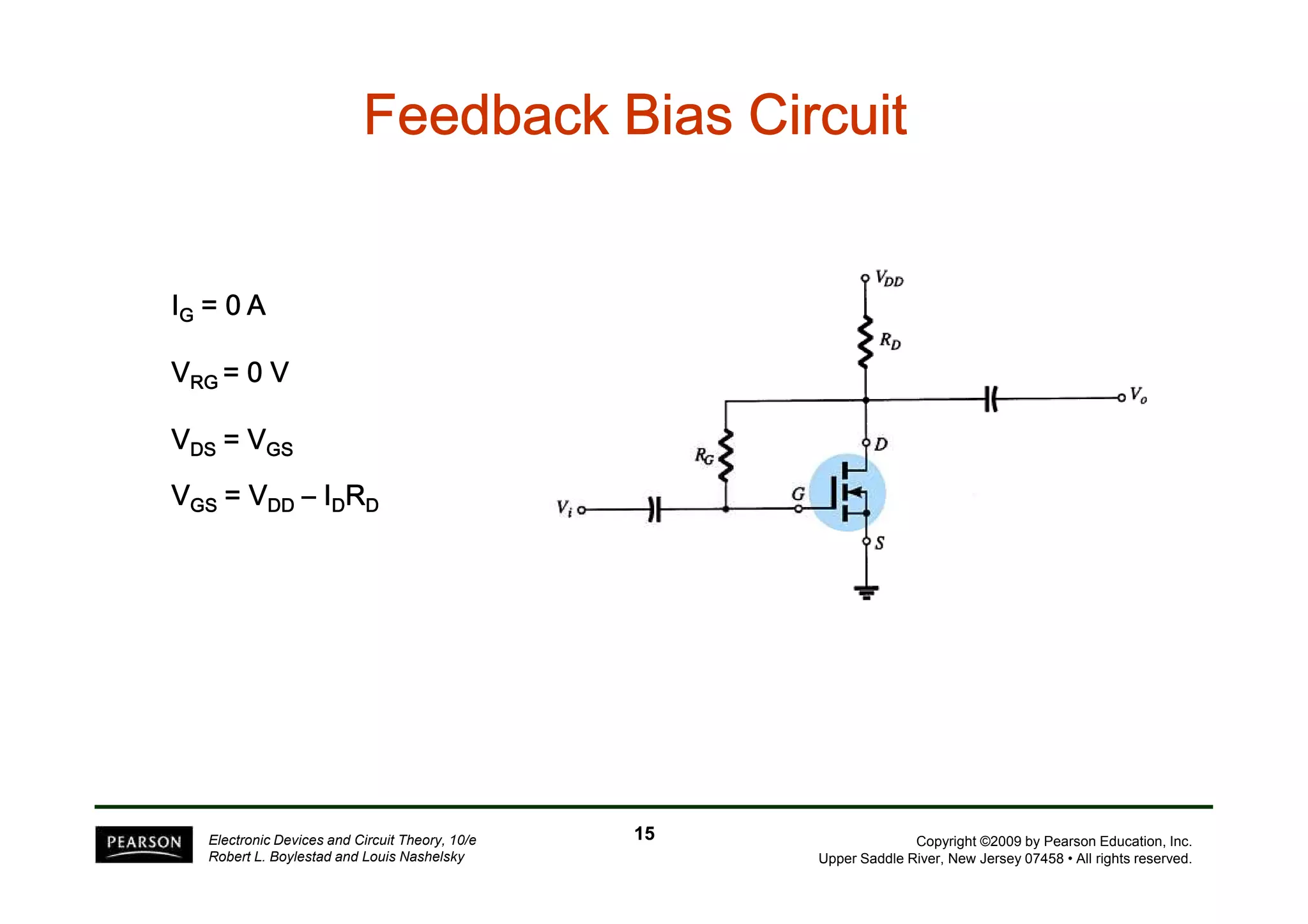 FFFFFFFFeeeeeeeeeeeeeeeeddddddddbbbbbbbbaaaaaaaacccccccckkkkkkkk BBBBBBBBiiiiiiiiaaaaaaaassssssss CCCCCCCCiiiiiiiirrrrrrrrccccccccuuuuuuuuiiiiiiiitttttttt 
IG ==== 0000 AAAA 
VRRRRGGGG ==== 0000 V 
VDDDDSSSS ==== VVVVGGGGSSSS 
Copyright ©2009 by Pearson Education, Inc. 
Upper Saddle River, New Jersey 07458 • All rights reserved. 
VGGGGSSSS ==== VVVVDDDDDDDD – IDRD 
Electronic Devices and Circuit Theory, 10/e 
Robert L. Boylestad and Louis Nashelsky 
15 
 