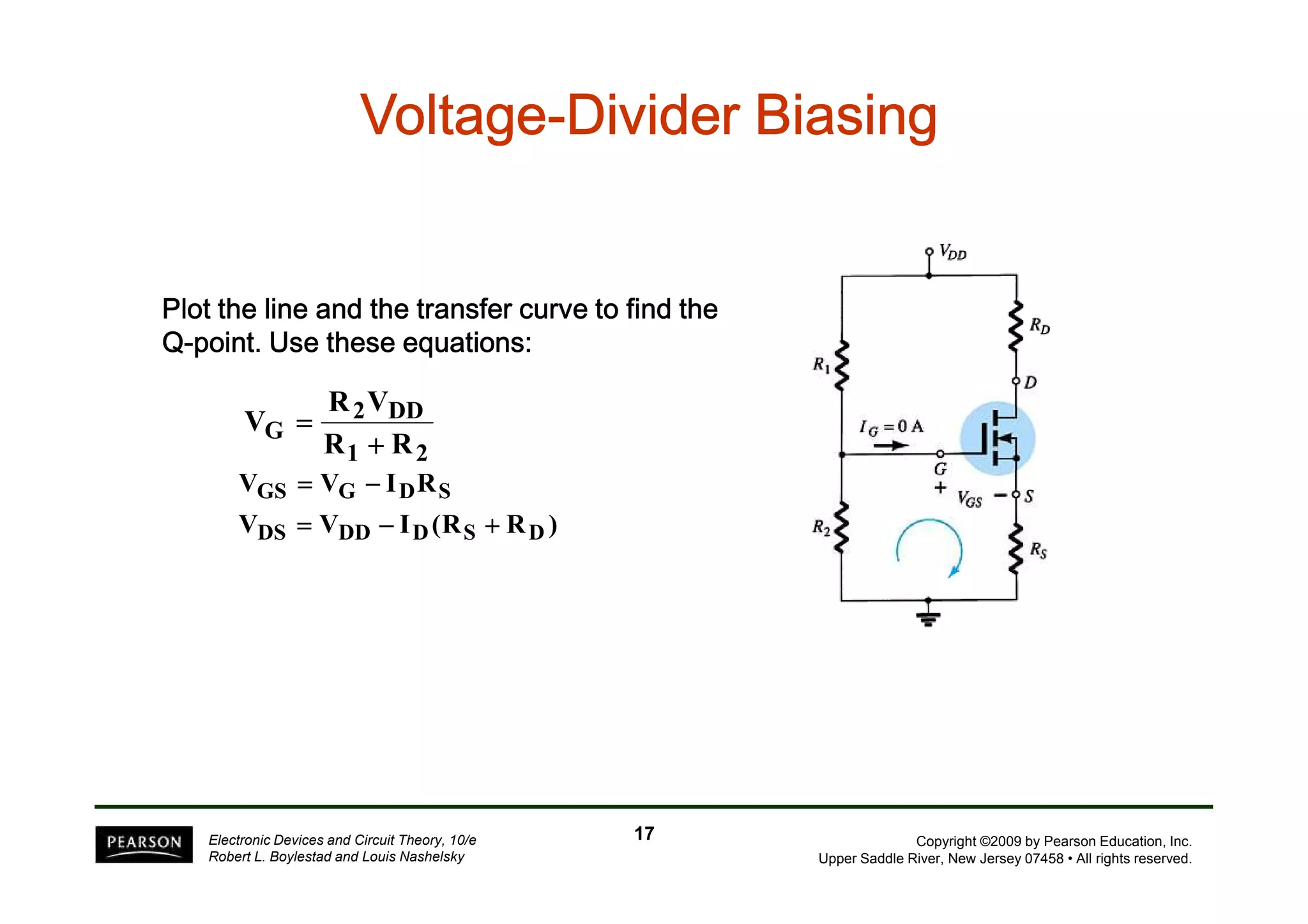 VVVVVVVVoooooooollllllllttttttttaaaaaaaaggggggggeeeeeeee-DDDDDDDDiiiiiiiivvvvvvvviiiiiiiiddddddddeeeeeeeerrrrrrrr BBBBBBBBiiiiiiiiaaaaaaaassssssssiiiiiiiinnnnnnnngggggggg 
PPPPllllooootttt tttthhhheeee lllliiiinnnneeee aaaannnndddd tttthhhheeee ttttrrrraaaannnnssssffffeeeerrrr ccccuuuurrrrvvvveeee ttttoooo ffffiiiinnnndddd tttthhhheeee 
Q-ppppooooiiiinnnntttt. UUUUsssseeee tttthhhheeeesssseeee eeeeqqqquuuuaaaattttiiiioooonnnnssss:::: 
R V 
2 DD 
G R R 
1 2 
V 
+ 
= 
Copyright ©2009 by Pearson Education, Inc. 
Upper Saddle River, New Jersey 07458 • All rights reserved. 
V GS = V G − 
I D R 
S 
DS DD D S D 
V = V − I (R + 
R ) 
Electronic Devices and Circuit Theory, 10/e 
Robert L. Boylestad and Louis Nashelsky 
17 
 