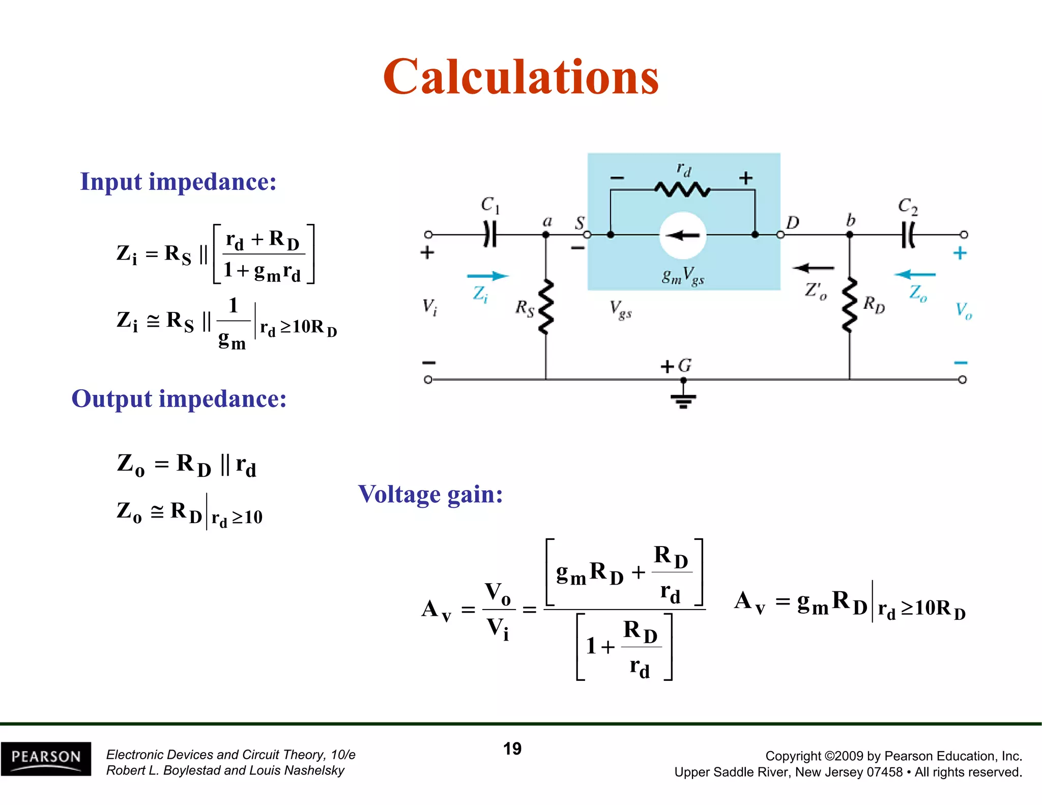 Calculations 
Input impedance: 
⎤ 
⎥⎦ 
⎡ 
+ 
⎢⎣ 
r + 
R 
= 
d D 
i S 1 g r 
m d 
Z R || 
1 
Z R || ≅ ≥ 
rd 10RD 
m 
i S g 
Output impedance: 
Zo = RD || rd 
Voltage o D rd 10 Z ≅ R ≥ 
⎤ 
⎥⎦ 
⎡ 
⎢ 
⎣ 
+ 
D 
R 
= = ⎦ 
A d 
v = m D rd ≥ 
10RD g R 
m D 
gain: 
o 
r 
V 
A g R 
⎤ 
⎥⎦ 
⎡ 
+ 
⎢⎣ 
D 
R 
d 
i 
v 
r 
1 
V 
Copyright ©2009 by Pearson Education, Inc. 
Upper Saddle River, New Jersey 07458 • All rights reserved. 
Electronic Devices and Circuit Theory, 10/e 
Robert L. Boylestad and Louis Nashelsky 
19 
 