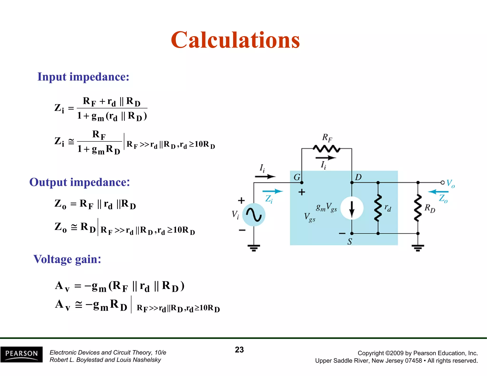 Calculations 
Input impedance: 
R r || R 
F d D 
1 g (r || R ) 
Z 
m d D 
i + 
+ 
= 
R ||R 10R 
F 
i 
R 
Z ≅ 
≥ 
RF rd RD ,rd 10RD 
>> + 
1 g R 
m D 
Output impedance: 
p p 
Zo = RF || rd ||RD 
Zo ≅ RD RF >>rd || RD , rd ≥10RF d D d D 
Voltage gain: 
Av = −gm(RF || rd || RD ) 
Av ≅ −gmRD RF>>rd||RD,rd≥10RD 
Copyright ©2009 by Pearson Education, Inc. 
Upper Saddle River, New Jersey 07458 • All rights reserved. 
Electronic Devices and Circuit Theory, 10/e 
Robert L. Boylestad and Louis Nashelsky 
23 
 
