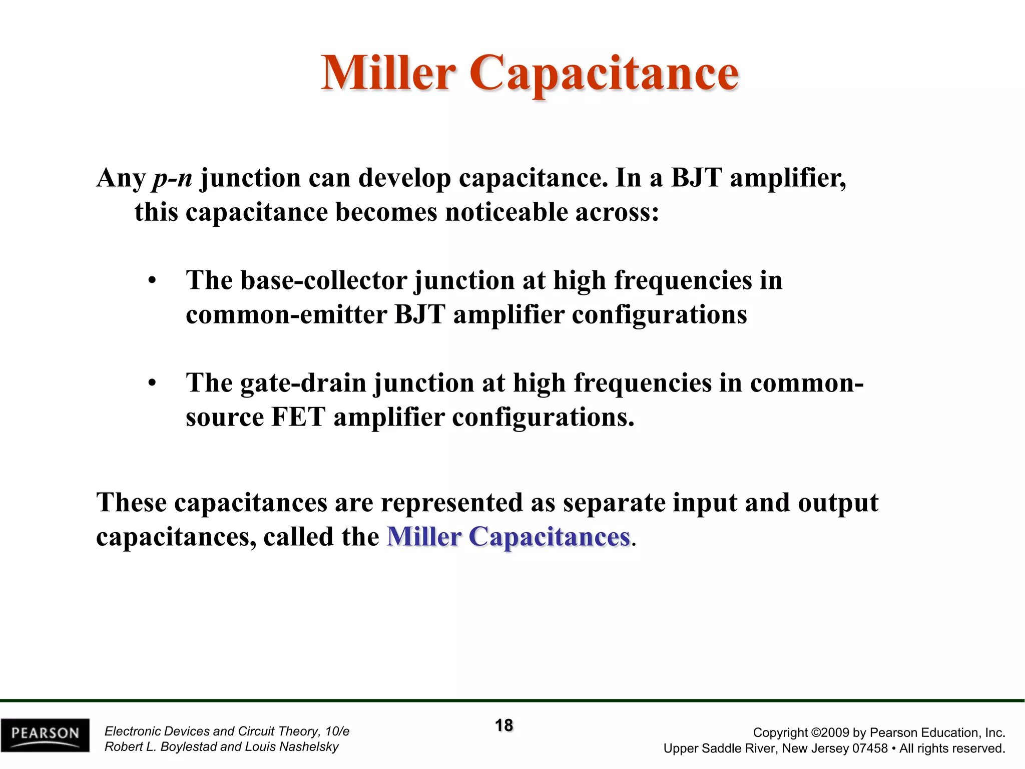 Copyright ©2009 by Pearson Education, Inc. 
Upper Saddle River, New Jersey 07458 • All rights reserved. 
Electronic Devices and Circuit Theory, 10/e 
Robert L. Boylestad and Louis Nashelsky 
Miller Capacitance 
Any p-n junction can develop capacitance. In a BJT amplifier, this capacitance becomes noticeable across: 
•The base-collector junction at high frequencies in common-emitter BJT amplifier configurations 
•The gate-drain junction at high frequencies in common- source FET amplifier configurations. These capacitances are represented as separate input and output capacitances, called the Miller Capacitances. 
18  