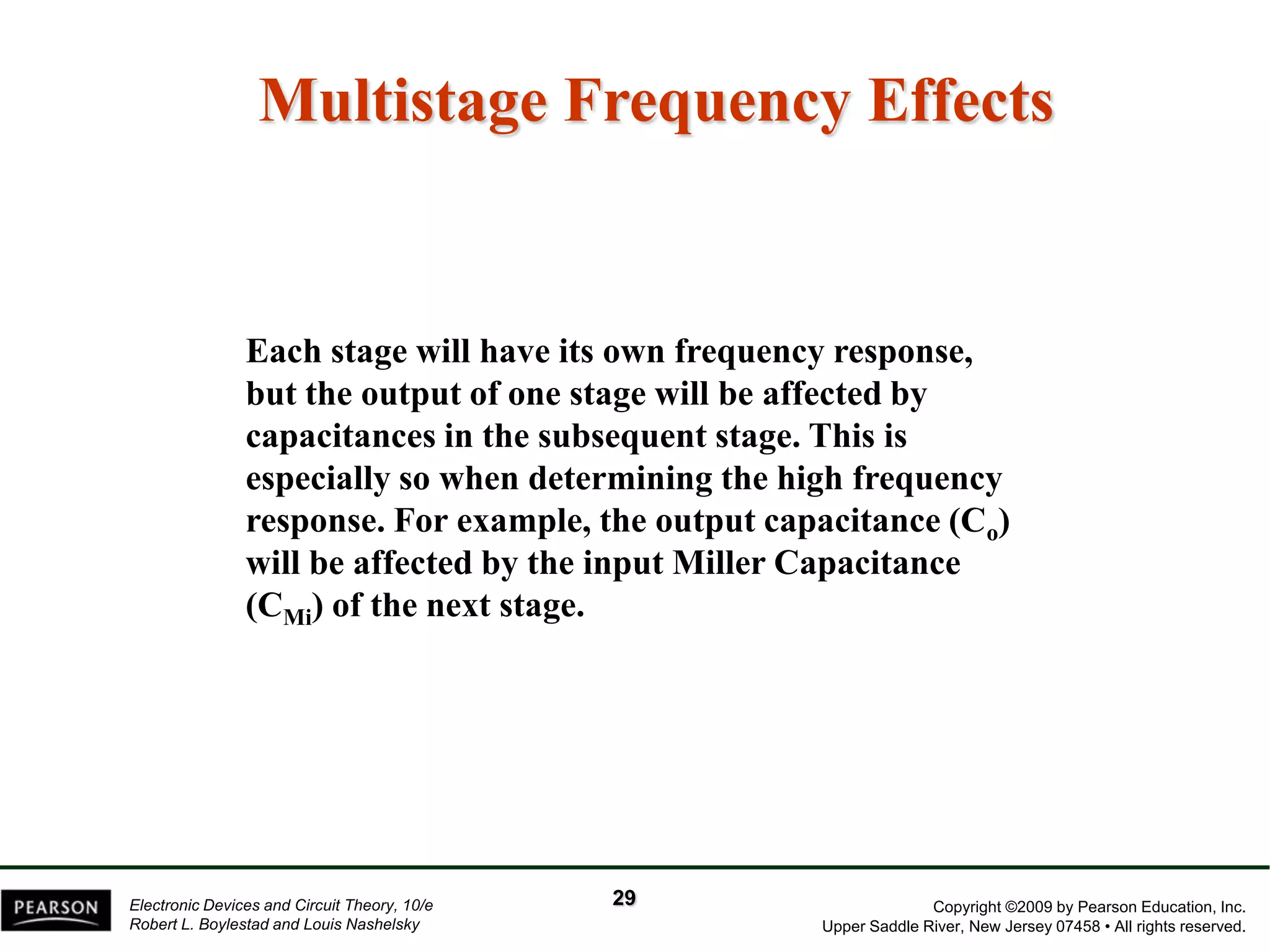 Copyright ©2009 by Pearson Education, Inc. 
Upper Saddle River, New Jersey 07458 • All rights reserved. 
Electronic Devices and Circuit Theory, 10/e 
Robert L. Boylestad and Louis NashelskyMultistage Frequency Effects 
Each stage will have its own frequency response, but the output of one stage will be affected by capacitances in the subsequent stage. This is especially so when determining the high frequency response. For example, the output capacitance (Co) will be affected by the input Miller Capacitance (CMi) of the next stage. 
29  
