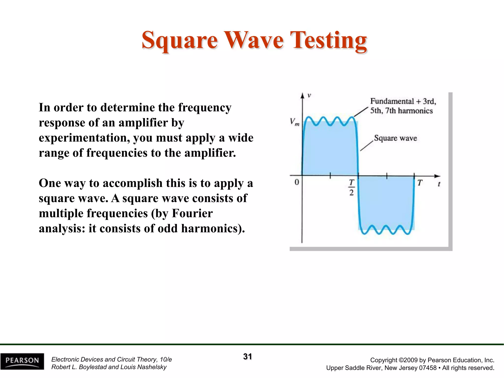 Copyright ©2009 by Pearson Education, Inc. 
Upper Saddle River, New Jersey 07458 • All rights reserved. 
Electronic Devices and Circuit Theory, 10/e 
Robert L. Boylestad and Louis NashelskySquare Wave TestingIn order to determine the frequency response of an amplifier by experimentation, you must apply a wide range of frequencies to the amplifier. One way to accomplish this is to apply a square wave. A square wave consists of multiple frequencies (by Fourier analysis: it consists of odd harmonics). 
31  
