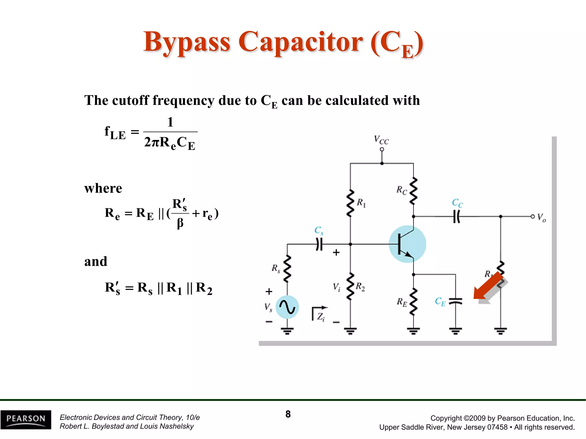 Copyright ©2009 by Pearson Education, Inc. 
Upper Saddle River, New Jersey 07458 • All rights reserved. 
Electronic Devices and Circuit Theory, 10/e 
Robert L. Boylestad and Louis Nashelsky 
Bypass Capacitor (CE) 
e E 
LE 
2πR C 
1 
f  
r ) 
β 
R 
R R || ( e 
s 
e E  
 
 
Rs  Rs ||R1 ||R2 
The cutoff frequency due to CE can be calculated with 
where 
and 
8 
 
