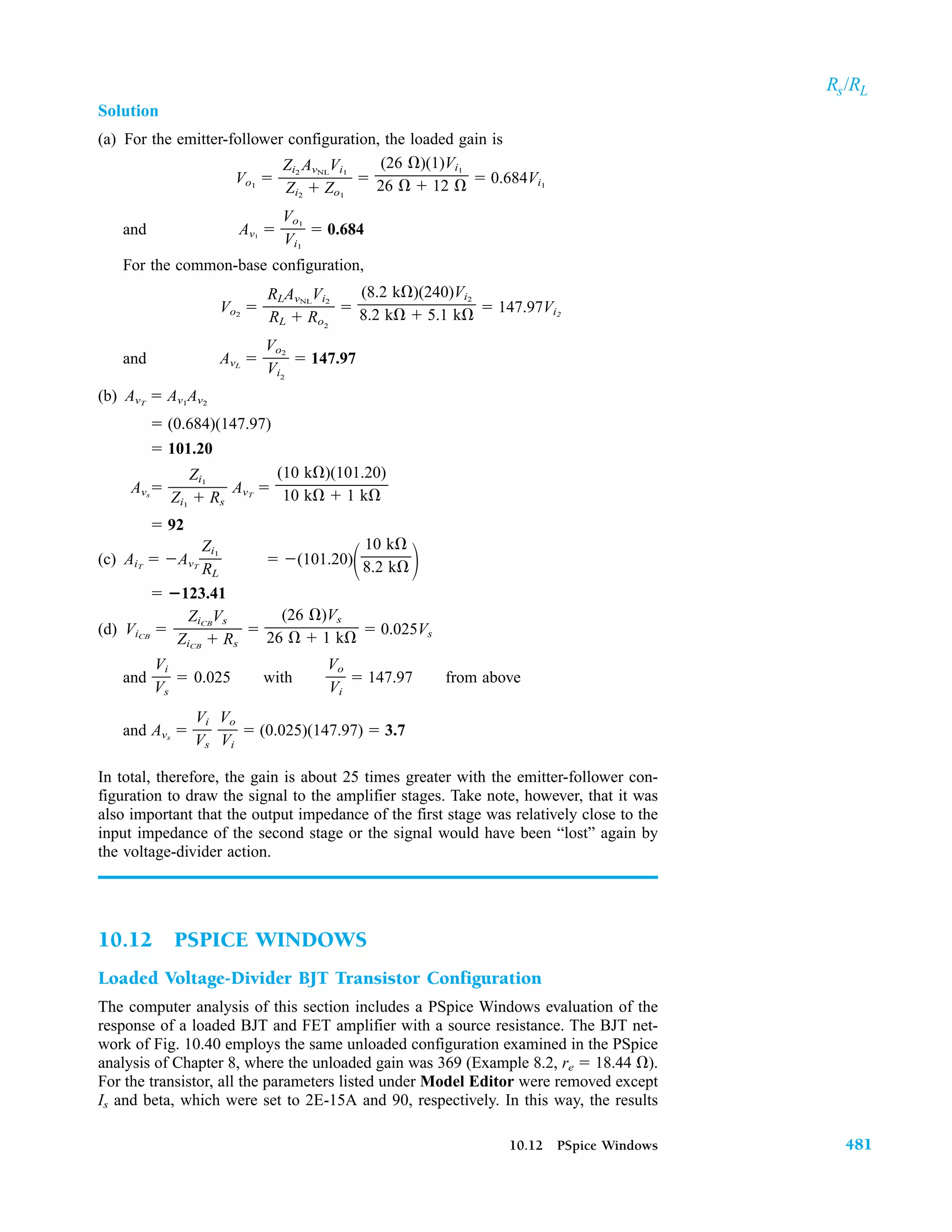 Solution
(a) For the emitter-follower configuration, the loaded gain is
Vo1
   0.684Vi1
and Av1
  0.684
For the common-base configuration,
Vo2
   147.97Vi2
and AvL
  147.97
(b) AvT
 Av1
Av2
 (0.684)(147.97)
 101.20
Avs
 AvT

 92
(c) AiT
 AvT
 (101.20)
 
 123.41
(d) ViCB
   0.025Vs
and  0.025 with  147.97 from above
and Avs
  (0.025)(147.97)  3.7
In total, therefore, the gain is about 25 times greater with the emitter-follower con-
figuration to draw the signal to the amplifier stages. Take note, however, that it was
also important that the output impedance of the first stage was relatively close to the
input impedance of the second stage or the signal would have been “lost” again by
the voltage-divider action.
10.12 PSPICE WINDOWS
Loaded Voltage-Divider BJT Transistor Configuration
The computer analysis of this section includes a PSpice Windows evaluation of the
response of a loaded BJT and FET amplifier with a source resistance. The BJT net-
work of Fig. 10.40 employs the same unloaded configuration examined in the PSpice
analysis of Chapter 8, where the unloaded gain was 369 (Example 8.2, re  18.44 ).
For the transistor, all the parameters listed under Model Editor were removed except
Is and beta, which were set to 2E-15A and 90, respectively. In this way, the results
Vo

Vi
Vi

Vs
Vo

Vi
Vi

Vs
(26 )Vs

26   1 k
ZiCB
Vs

ZiCB
 Rs
10 k

8.2 k
Zi1

RL
(10 k)(101.20)

10 k  1 k
Zi1

Zi1
 Rs
Vo2

Vi2
(8.2 k)(240)Vi2

8.2 k  5.1 k
RLAvNL
Vi2

RL  Ro2
Vo1

Vi1
(26 )(1)Vi1

26   12 
Zi2
AvNL
Vi1

Zi2
 Zo1
481
10.12 PSpice Windows
Rs/RL
 