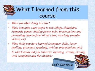 What I learned from this course What you liked doing in class? What activities were useful to you (blogs, slideshare, Jeopardy games, making power point presentations and presenting them in front of the class, watching youtube videos, etc) What skills you have learned (computer skills, better spelling, grammar, speaking, writing, presentations, etc) In which areas did you improve: speaking, writing, dealing with computers and the internet?  Let’s Continue 