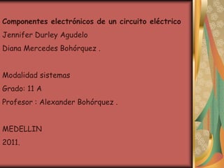 Componentes electrónicos de un circuito eléctrico
Jennifer Durley Agudelo
Diana Mercedes Bohórquez .


Modalidad sistemas
Grado: 11 A
Profesor : Alexander Bohórquez .


MEDELLIN
2011.
 