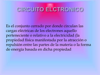 Es el conjunto cerrado por donde circulan las
cargas eléctricas de los electrones aquello
perteneciente o relativo a la electricidad (la
propiedad física manifestada por la atracción o
repulsión entre las partes de la materia o la forma
de energía basada en dicha propiedad
 