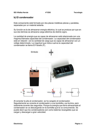 IES Villalba Hervás                 4º ESO                           Tecnología


b) El condensador

Este componente está formado por dos placas metálicas planas y paralelas,
separadas por un material aislante.

Su función es la de almacenar energía eléctrica, lo cual se produce por que en
sus dos láminas se almacena carga eléctrica de distinto signo.

La cantidad de energía que es capaz de almacenar está relacionada con una
magnitud llamada capacidad del condensador. La capacidad del condensador
está en relación con la cantidad de carga que es capaz de almacenar con un
voltaje determinado. La magnitud que indica cual es la capacidad del
condensador se llama El Faradio (F).


                      Símbolo




Al conectar la pila al condensador, se ha cargado el condensador.
Seguidamente se conecta el condensador a una bombilla y se ilumina, pero
solamente durante dos segundos. Porque la energía que tenía almacenada el
condensador se va descargando en la bombilla que la va consumiendo. Se
puede decir que los condensadores son como baterías recargables que se
cargan y descargan a gran velocidad.




Electrónica                                                           Página 11
 