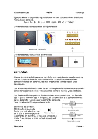 IES Villalba Hervás                     4º ESO                           Tecnología


Ejemplo: Hallar la capacidad equivalente de los tres condensadores anteriores
montados en paralelo.
          Ctotal = C1 + C2 + C3 + ...= 1000 + 500 + 250 μF = 1750 μF.

Condensadores no electrolíticos o no polarizados-




Condensadores polarizados o electrolíticos




c) Diodos
Una de las características que se han dicho acerca de los semiconductores es
que los componentes más importantes están construidos con materiales
semiconductores: en concreto, los más importantes son los diodos y los
transistores.

Los materiales semiconductores tienen un comportamiento intermedio entre los
conductores (como el cobre) y los aislantes (como la madera y los plásticos).

Los diódos están compuestos de dos cristales semiconductores, uno llamado
tipo P (pasa) y otro de tipo N (no pasa), de tal forma que si la corriente entra a
través del cristal P, deja pasar la corriente, pero si lo
hace por el cristal N, no pasa la corriente.

El símbolo del diodo es
El triángulo simboliza la
flecha que indica la dirección
en la que el diódo deja pasar
la corriente, en definitiva, el triángulo simboliza el
cristal P, en cambio la línea vertical simboliza el
cristal N.

Electrónica                                                                Página 13
 