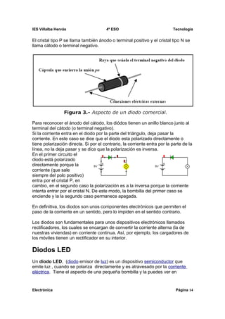 IES Villalba Hervás                    4º ESO                              Tecnología


El cristal tipo P se llama también ánodo o terminal positivo y el cristal tipo N se
llama cátodo o terminal negativo.




Para reconocer el ánodo del cátodo, los diódos tienen un anillo blanco junto al
terminal del cátodo (o terminal negativo).
Si la corriente entra en el diodo por la parte del triángulo, deja pasar la
corriente. En este caso se dice que el diodo esta polarizado directamente o
tiene polarización directa. Si por el contrario, la corriente entra por la parte de la
línea, no la deja pasar y se dice que la polarización es inversa.
En el primer circuito el
diodo está polarizado
directamente porque la
corriente (que sale
siempre del polo positivo)
entra por el cristal P, en
cambio, en el segundo caso la polarización es a la inversa porque la corriente
intenta entrar por el cristal N. De este modo, la bombilla del primer caso se
enciende y la la segundo caso permanece apagada.

En definitiva, los diodos son unos componentes electrónicos que permiten el
paso de la corriente en un sentido, pero lo impiden en el sentido contrario.

Los diodos son fundamentales para unos dispositivos electrónicos llamados
rectificadores, los cuales se encargan de convertir la corriente alterna (la de
nuestras viviendas) en corriente continua. Así, por ejemplo, los cargadores de
los móviles tienen un rectificador en su interior.

Diodos LED
Un diodo LED, (diodo emisor de luz) es un dispositivo semiconductor que
emite luz , cuando se polariza directamente y es atravesado por la corriente
eléctrica. Tiene el aspecto de una pequeña bombilla y la puedes ver en


Electrónica                                                                  Página 14
 