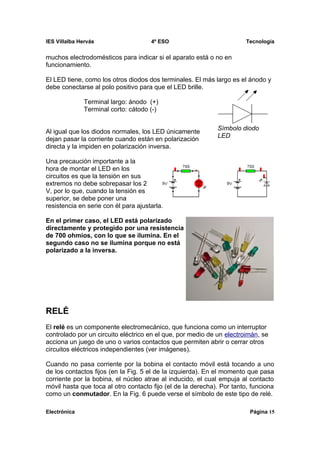 IES Villalba Hervás                   4º ESO                           Tecnología


muchos electrodomésticos para indicar si el aparato está o no en
funcionamiento.

El LED tiene, como los otros diodos dos terminales. El más largo es el ánodo y
debe conectarse al polo positivo para que el LED brille.

              Terminal largo: ánodo (+)
              Terminal corto: cátodo (-)

                                                             Símbolo diodo
Al igual que los diodos normales, los LED únicamente
                                                             LED
dejan pasar la corriente cuando están en polarización
directa y la impiden en polarización inversa.

Una precaución importante a la
hora de montar el LED en los
circuitos es que la tensión en sus
extremos no debe sobrepasar los 2
V, por lo que, cuando la tensión es
superior, se debe poner una
resistencia en serie con él para ajustarla.

En el primer caso, el LED está polarizado
directamente y protegido por una resistencia
de 700 ohmios, con lo que se ilumina. En el
segundo caso no se ilumina porque no está
polarizado a la inversa.




RELÉ
El relé es un componente electromecánico, que funciona como un interruptor
controlado por un circuito eléctrico en el que, por medio de un electroimán, se
acciona un juego de uno o varios contactos que permiten abrir o cerrar otros
circuitos eléctricos independientes (ver imágenes).

Cuando no pasa corriente por la bobina el contacto móvil está tocando a uno
de los contactos fijos (en la Fig. 5 el de la izquierda). En el momento que pasa
corriente por la bobina, el núcleo atrae al inducido, el cual empuja al contacto
móvil hasta que toca al otro contacto fijo (el de la derecha). Por tanto, funciona
como un conmutador. En la Fig. 6 puede verse el símbolo de este tipo de relé.

Electrónica                                                              Página 15
 