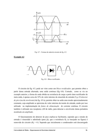 Universidade do Minho – Departamento de Electrónica Industrial 96
Exemplo 4.2
O circuito da fig. 4.5, pode ser visto como um bloco rectificador, que permite obter a
partir duma entrada alternada, uma saída continua (fig. 4.8). Contudo, como se viu no
exemplo anterior, a forma de onda obtida na resistência de carga a partir dum rectificador de
meia onda, é apenas cerca de 32% do valor máximo da sinusóide de entrada (Vm). O detector
de pico (ou de envolvente) da fig. 4.9 a), permite obter na saída uma tensão aproximadamente
constante, cuja amplitude se aproxima do valor máximo da tensão de entrada, sendo por isso
utilizado na implementação de fontes de alimentação de corrente contínua. O circuito
também é utilizado nos receptores AM de rádio, para detectar a envolvente duma portadora
modulada em amplitude.
O funcionamento do detector de pico explica-se facilmente, supondo que a tensão de
entrada é sinusoidal e admitindo (para já), que a resistência RL (a tracejado na figura) é
removida do circuito (RL = ∞). Supondo que inicialmente o condensador está descarregado
ωt
π 2π
π 2π
+Vm
−Vm
+Vm
0
0
vL = RLiD
m
π
V
vi(t)
vL(t)
ωt
Fig. 4.7 – Formas de onda do circuito da fig. 4.5.
Fig. 4.8 – Bloco rectificador.
 