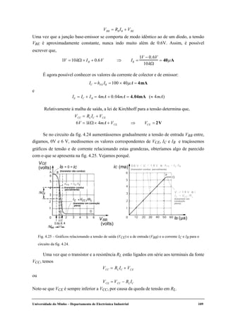 Universidade do Minho – Departamento de Electrónica Industrial 109
VBB = RBIB + VBE
Uma vez que a junção base-emissor se comporta de modo idêntico ao de um díodo, a tensão
VBE é aproximadamente constante, nunca indo muito além de 0.6V. Assim, é possível
escrever que,
1V =10kΩ × IB + 0.6V ⇒ IB =
1V − 0.6V
10kΩ
= 40µA
É agora possível conhecer os valores da corrente de colector e de emissor:
IC = hFE IB =100 × 40µA = 4mA
e
IE = IC + IB = 4mA + 0.04mA = 4.04mA (≈ 4mA)
Relativamente à malha de saída, a lei de Kirchhoff para a tensão determina que,
VCC = RL IC + VCE
6V = 1kΩ× 4mA + VCE ⇒ VCE = 2V
Se no circuito da fig. 4.24 aumentássemos gradualmente a tensão de entrada VBB entre,
digamos, 0V e 6 V, medíssemos os valores correspondentes de VCE, IC e IB e traçássemos
gráficos de tensão e de corrente relacionando estas grandezas, obteríamos algo de parecido
com o que se apresenta na fig. 4.25. Vejamos porquê.
Uma vez que o transístor e a resistência RL estão ligados em série aos terminais da fonte
VCC, temos
VCC = RL IC + VCE
ou
VCE = VCC − RL IC
Note-se que VCE é sempre inferior a VCC, por causa da queda de tensão em RL.
IC (ma)
IB (µa)
e
e
(transistor conduz parcialmente)
(transistor em
condução
plena)
VCE
(volts)
VBB
(volts)
I = 0 = IC
(transistor conduz
parcialmente)
(transistor não conduz)
IC ≈VCC /RL
∆ CEV
∆ BBV
(transistor em condução
plena)
B
Fig. 4.25 – Gráficos relacionando a tensão de saída (VCE) e a de entrada (VBB) e a corrente IC e IB para o
circuito da fig. 4.24.
 