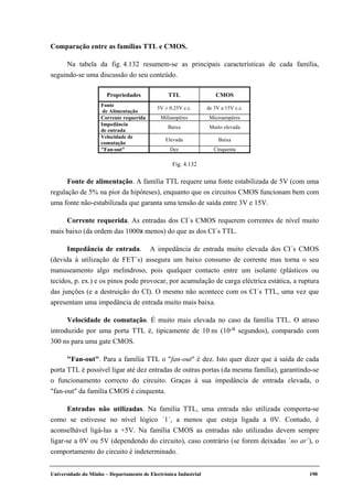 Universidade do Minho – Departamento de Electrónica Industrial 190
Comparação entre as famílias TTL e CMOS.
Na tabela da fig. 4.132 resumem-se as principais características de cada família,
seguindo-se uma discussão do seu conteúdo.
Propriedades TTL CMOS
Fonte
de Alimentação
5V ± 0.25V c.c. de 3V a 15V c.c.
Corrente requerida Miliampéres Microampéres
Impedância
de entrada
Baixa Muito elevada
Velocidade de
comutação
Elevada Baixa
"Fan-out" Dez Cinquenta
Fonte de alimentação. A família TTL requere uma fonte estabilizada de 5V (com uma
regulação de 5% na pior da hipóteses), enquanto que os circuitos CMOS funcionam bem com
uma fonte não-estabilizada que garanta uma tensão de saída entre 3V e 15V.
Corrente requerida. As entradas dos CI´s CMOS requerem correntes de nível muito
mais baixo (da ordem das 1000x menos) do que as dos CI´s TTL.
Impedância de entrada. A impedância de entrada muito elevada dos CI´s CMOS
(devida à utilização de FET´s) assegura um baixo consumo de corrente mas torna o seu
manuseamento algo melindroso, pois qualquer contacto entre um isolante (plásticos ou
tecidos, p. ex.) e os pinos pode provocar, por acumulação de carga eléctrica estática, a ruptura
das junções (e a destruição do CI). O mesmo não acontece com os CI´s TTL, uma vez que
apresentam uma impedância de entrada muito mais baixa.
Velocidade de comutação. É muito mais elevada no caso da família TTL. O atraso
introduzido por uma porta TTL é, tipicamente de 10 ns (10-9 segundos), comparado com
300 ns para uma gate CMOS.
"Fan-out". Para a família TTL o "fan-out" é dez. Isto quer dizer que à saída de cada
porta TTL é possível ligar até dez entradas de outras portas (da mesma família), garantindo-se
o funcionamento correcto do circuito. Graças à sua impedância de entrada elevada, o
"fan-out" da família CMOS é cinquenta.
Entradas não utilizadas. Na família TTL, uma entrada não utilizada comporta-se
como se estivesse no nível lógico ´1´, a menos que esteja ligada a 0V. Contudo, é
aconselhável ligá-las a +5V. Na família CMOS as entradas não utilizadas devem sempre
ligar-se a 0V ou 5V (dependendo do circuito), caso contrário (se forem deixadas ´no ar´), o
comportamento do circuito é indeterminado.
Fig. 4.132
 